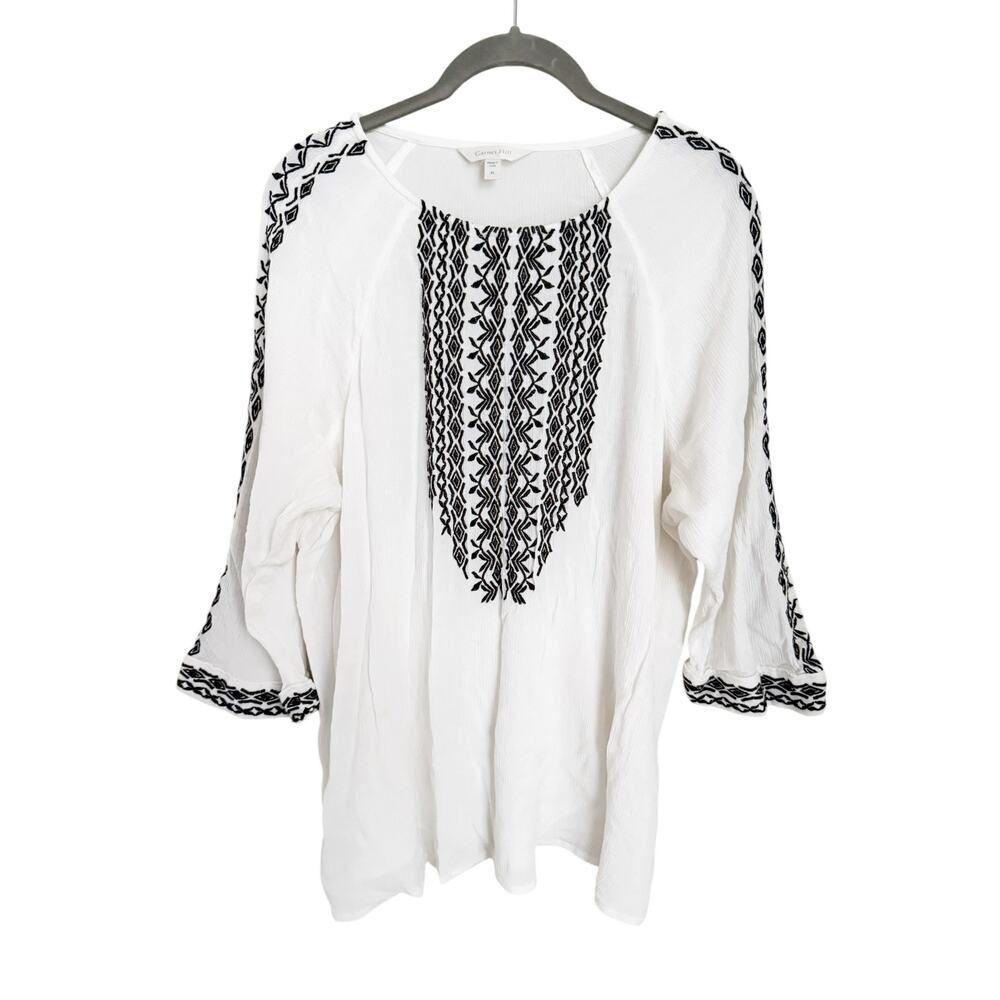 GARNET HILL Boho Border-Print Embroidered Peasant Blouse | White/Black | XL